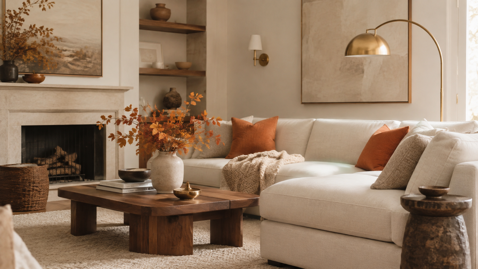 Cream living room with subtle persimmon pillows, ivory sofa, brass lighting and walnut coffee table